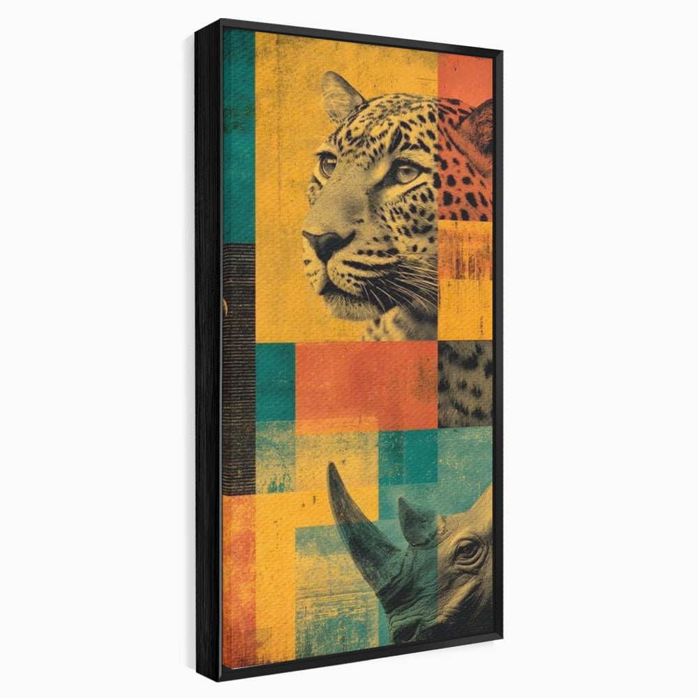 Tablou canvas cu tablou vertical cu leopard si rinocer, in rama de aluminiu negru